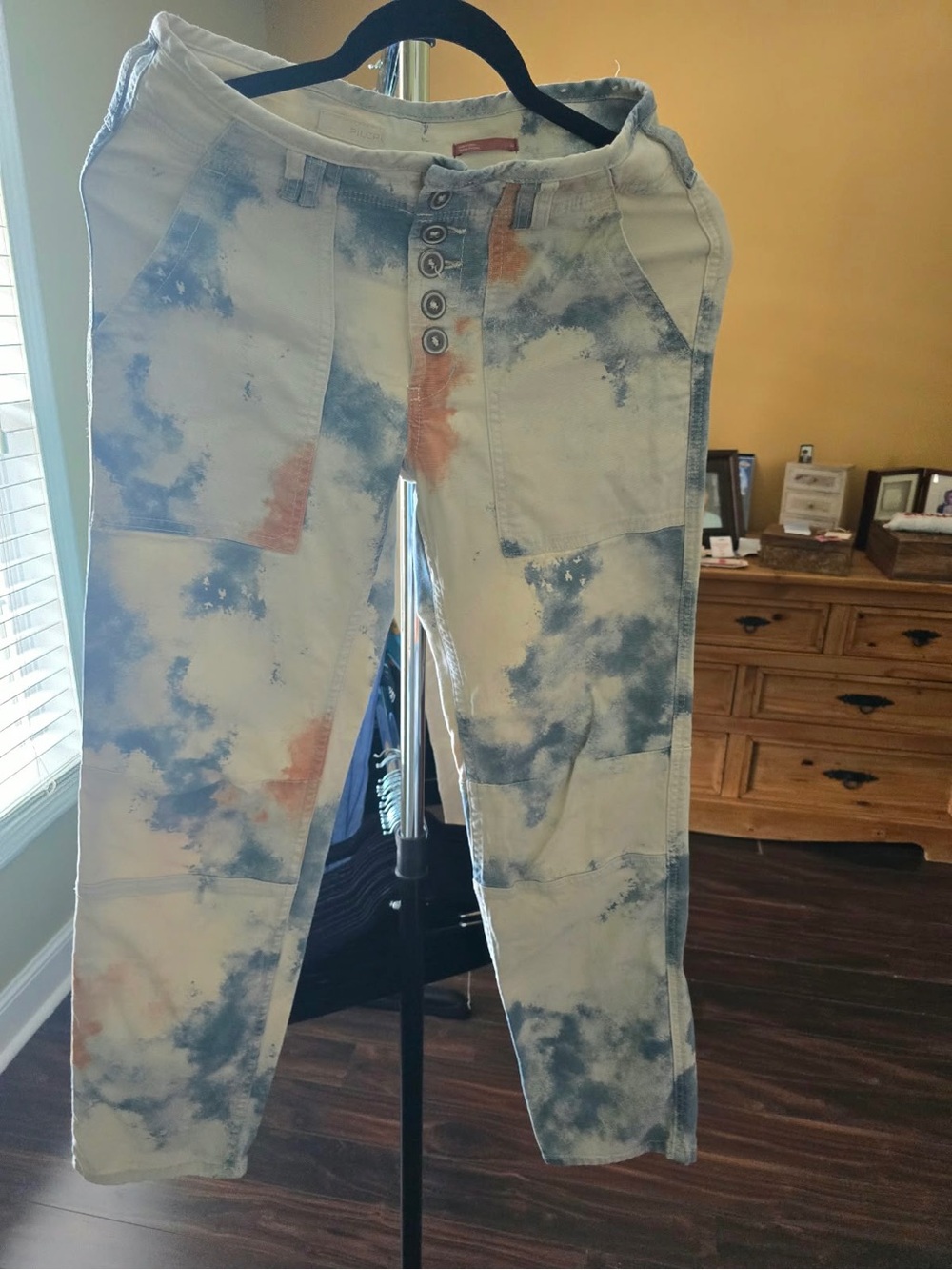 Pilcro Tie-Dye Patchwork Ankle Jeans in Blue & Peach